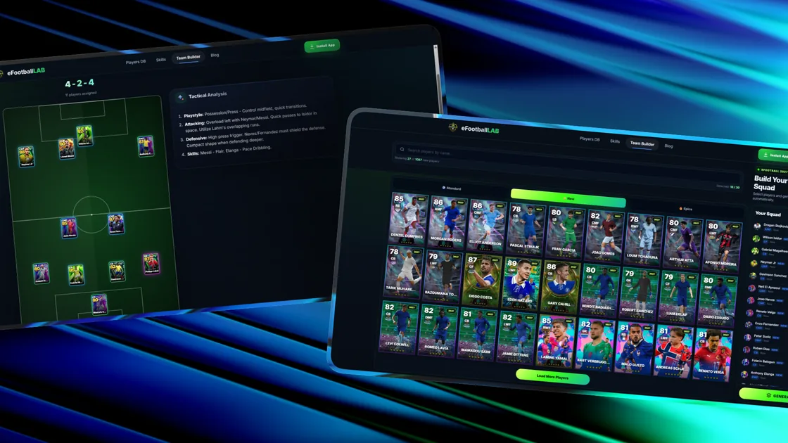 eFootballLAB AI Team Builder showing player selection, a generated formation, and tactical analysis