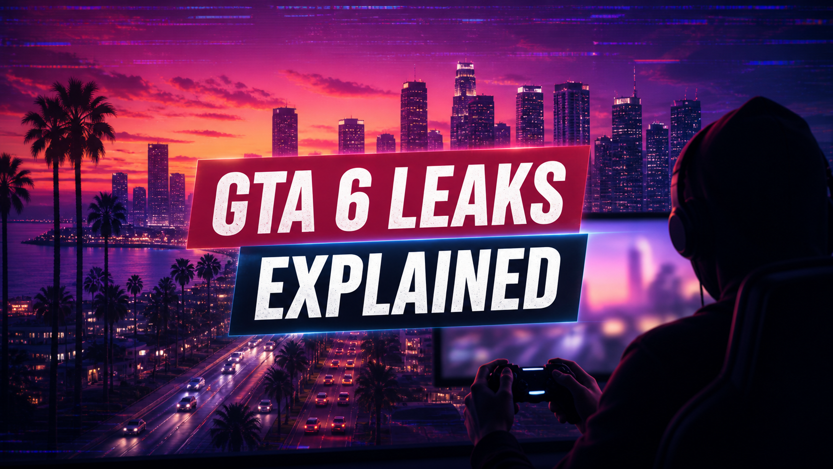 GTA 6 leaks explained editorial artwork over a neon city